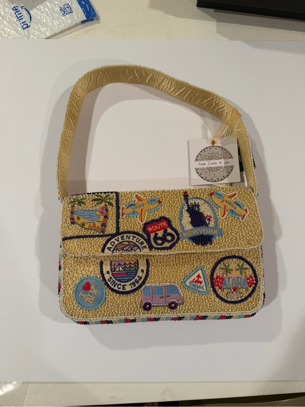 NWT Beaded Travel Patch Shoulder Bag